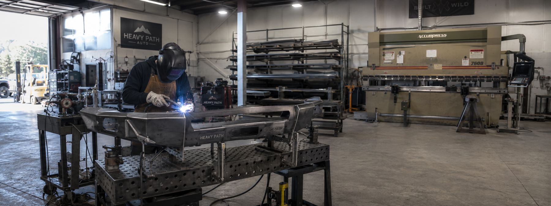 A welder assembling a steel Heavy Path Auto bumper on a dedicated welding fixture beside the press brake in the Salt Lake City shop.